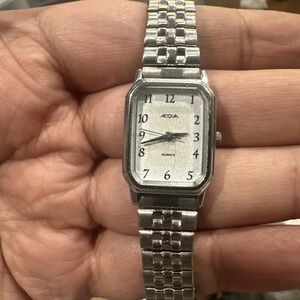 Working Vintage Acqua by Timex Rectangle Ladies Silver Watch Stretch 18mm Fit 7"